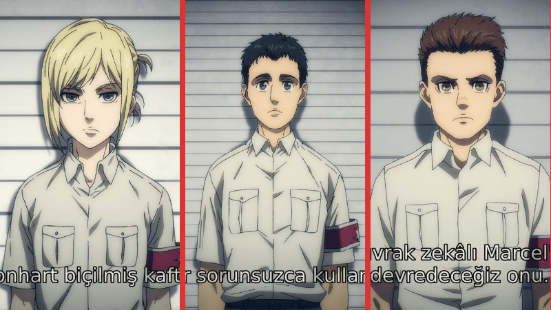 Annie Leonhart (Female Titan), Bertolt Hoover (Colossus/Colossal Titan), Marcel Galliard (Jaw Titan)