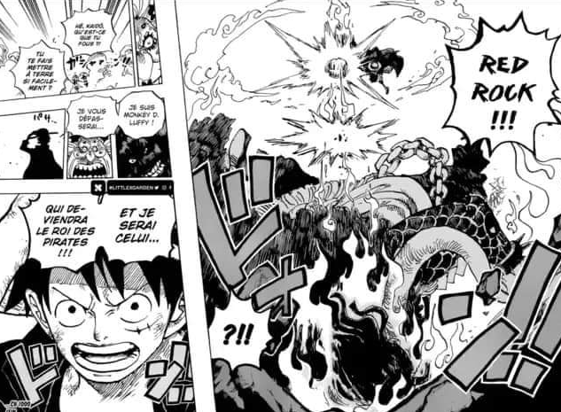 Luffy, Kaidou'nun suratına yumruk atmak için "Gomu Gomu no Red Rock" adlı yeni bir saldırı kullanır.