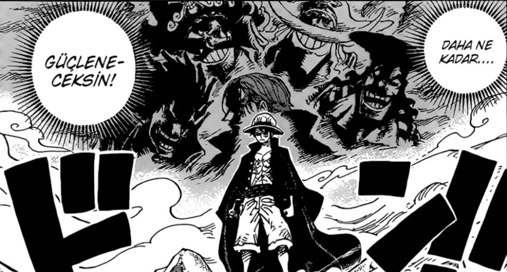 Kaido, Luffy'nin Gomu Gomu Red Rock'ını yedikten sonra Luffy'nin arkasında Roger, Beyazsakal, Oden, Shanks ve Xebec'in yansımalarını gördü.